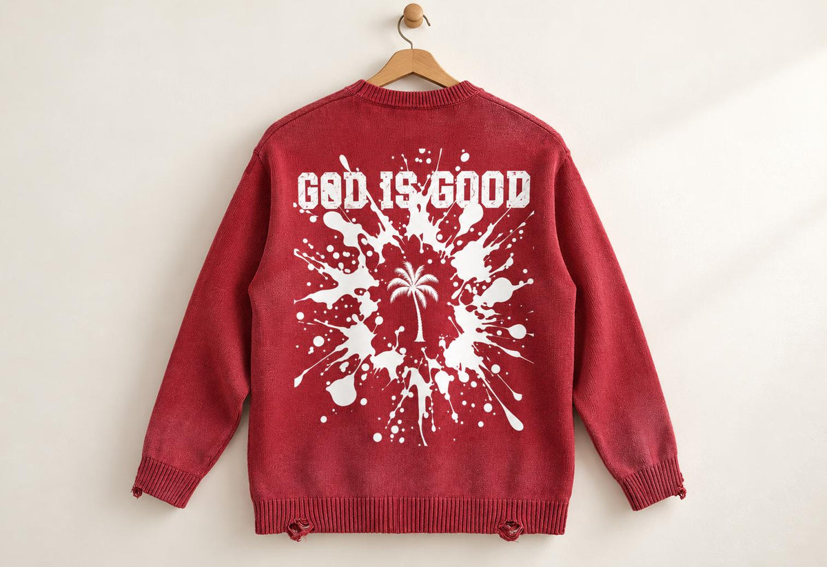Red Distressed Knit Sweater, Palm Tree, Paint Splatter, Streetwear