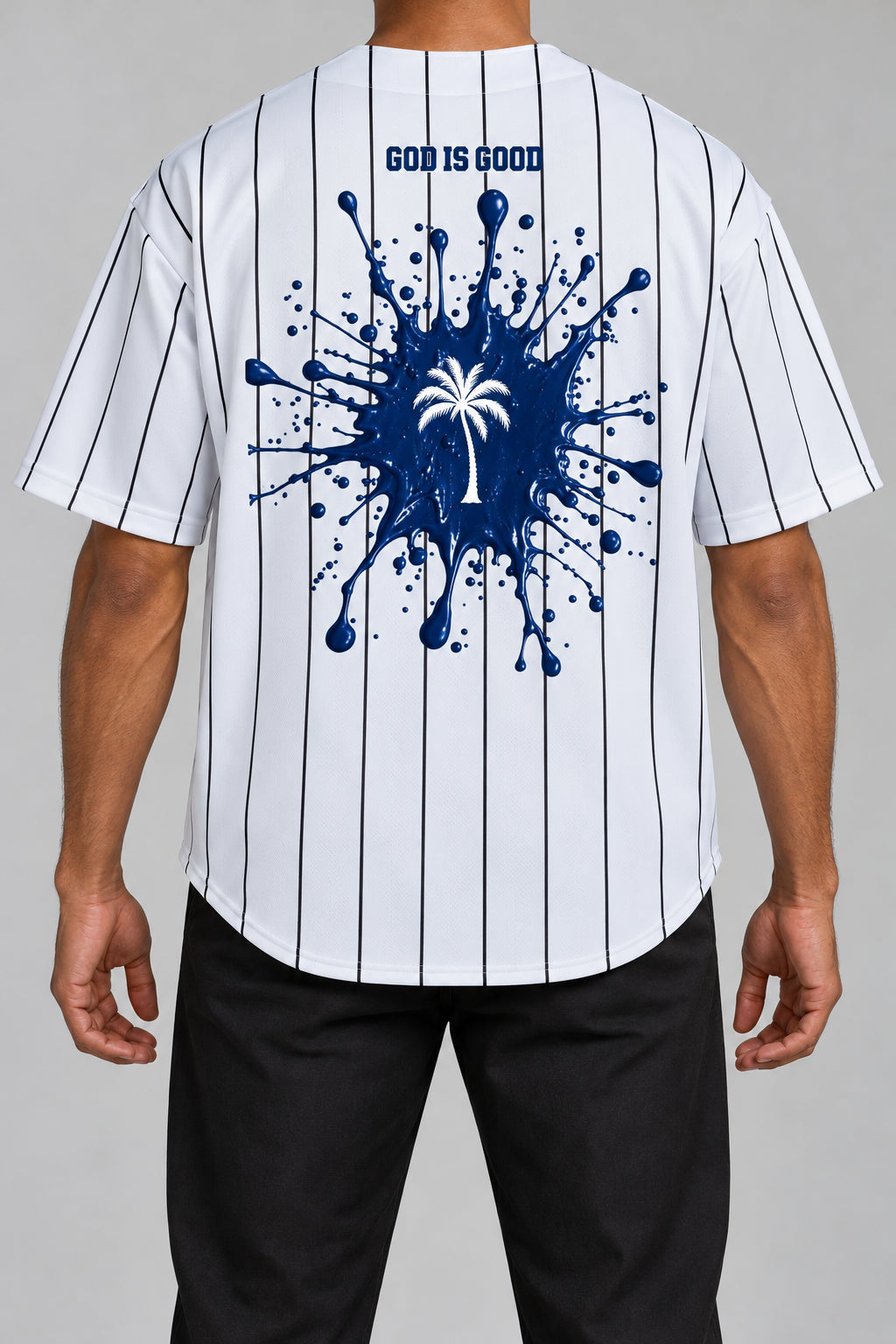 God Is Good Navy Palm & Paint Splatter Pinstripe Baseball Jersey