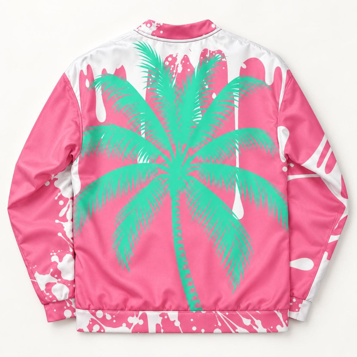 Pink Palm Tree Bomber Jacket, Mint Green Paint Splatter Print, Zip Up Streetwear