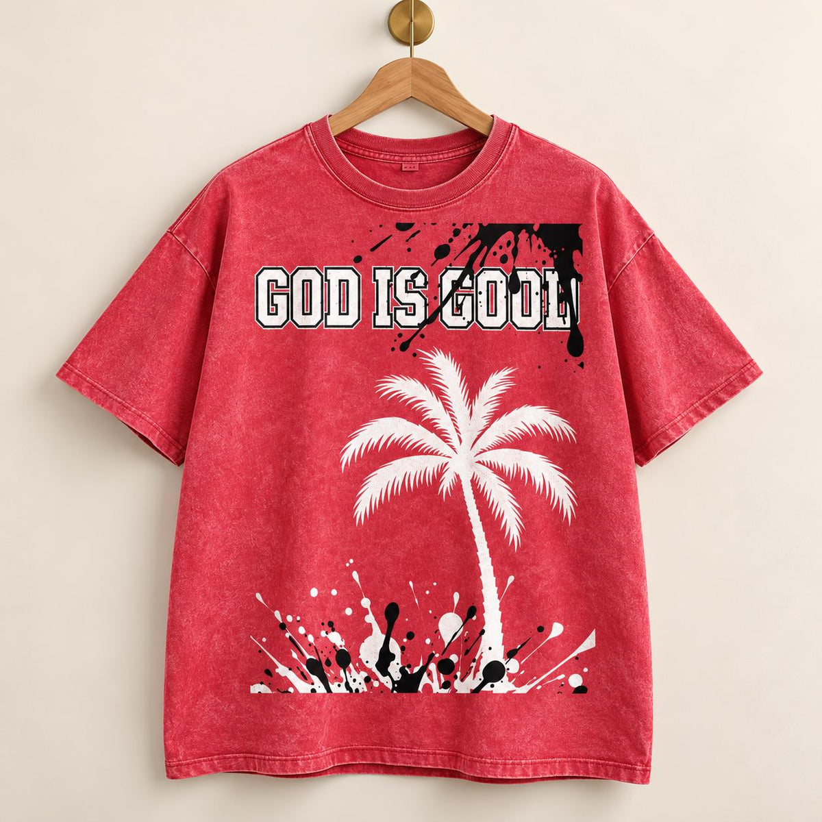 Washed Red Oversized T-Shirt, Palm Tree Graphic, Christian Streetwear (100% Cotton)