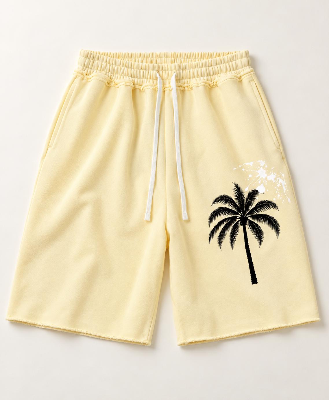 Butter Yellow Palm Tree Sweat Shorts, God Is Good Graphic, Relaxed Fit (Limited Edition)