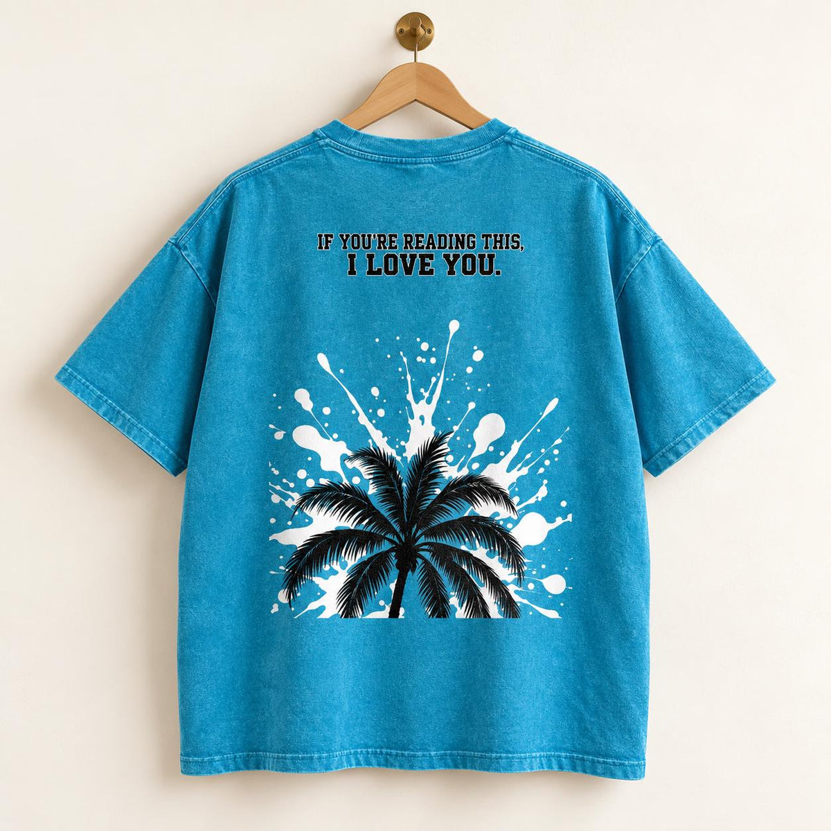 Turquoise Oversized Palm Tree T-Shirt, Snow Washed Cotton, Black White Splatter Print (Unisex)