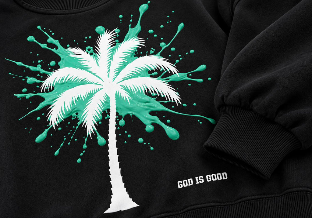 God Is Good Oversized Sweatshirt Dress, Black Mint Palm Tree Graphic, Women's Long Crewneck, Limited Edition