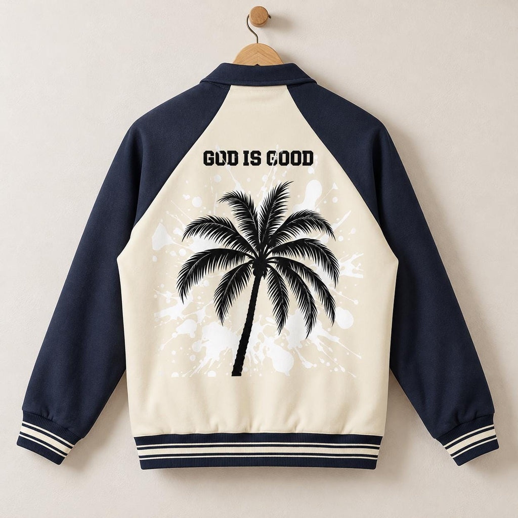 Navy Cream Varsity Jacket, Palm Tree Splatter, God Is Good Letterman Style
