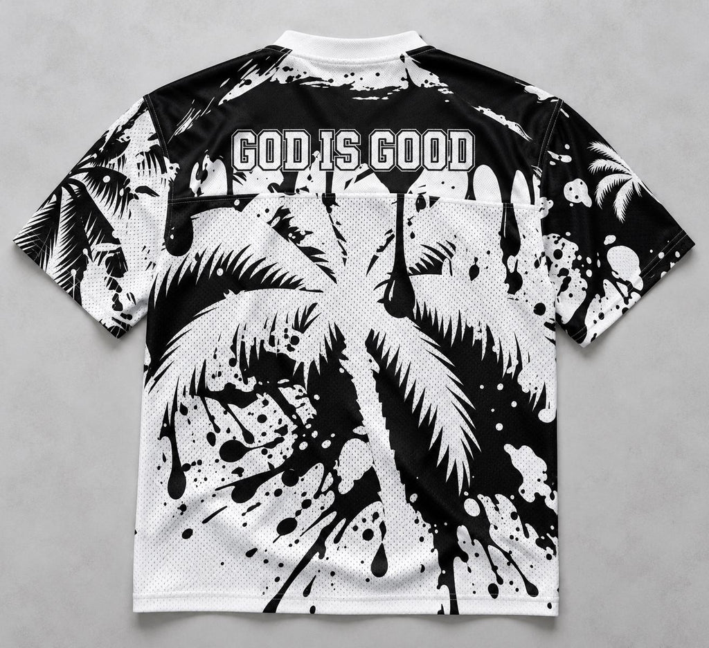 God Is Good 88 Mesh Football Jersey, Black and White Palm Tree & Paint Splatter Streetwear, Limited Edition