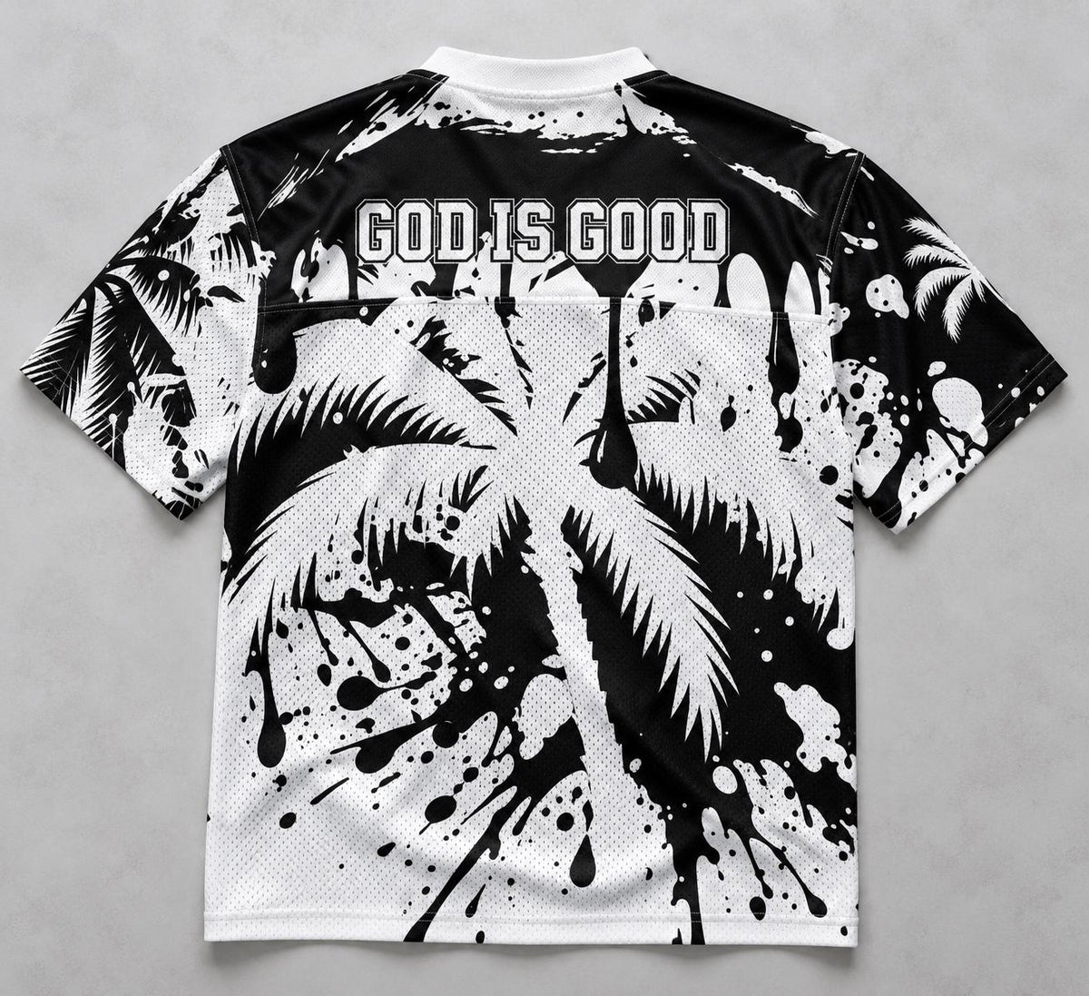 God Is Good 88 Mesh Football Jersey, Black and White Palm Tree & Paint Splatter Streetwear, Limited Edition