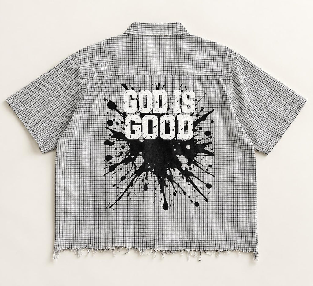 God Is Good Checkered Button-Up Shirt, Palm Tree Graphic, Frayed Hem (Limited Edition)
