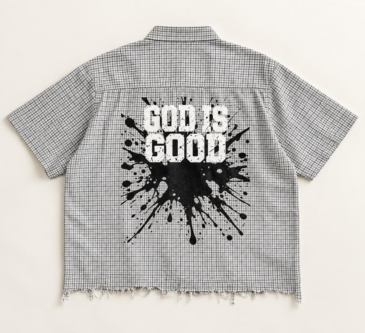 God Is Good Checkered Button-Up Shirt, Palm Tree Graphic, Frayed Hem (Limited Edition)