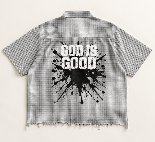 God Is Good Checkered Button-Up Shirt, Palm Tree Graphic, Frayed Hem (Limited Edition)