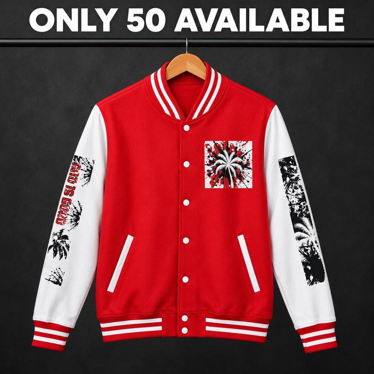 Limited Edition Red Varsity Jacket – God Is Good 88 Palm Tree Graphic (Only 50 Made)