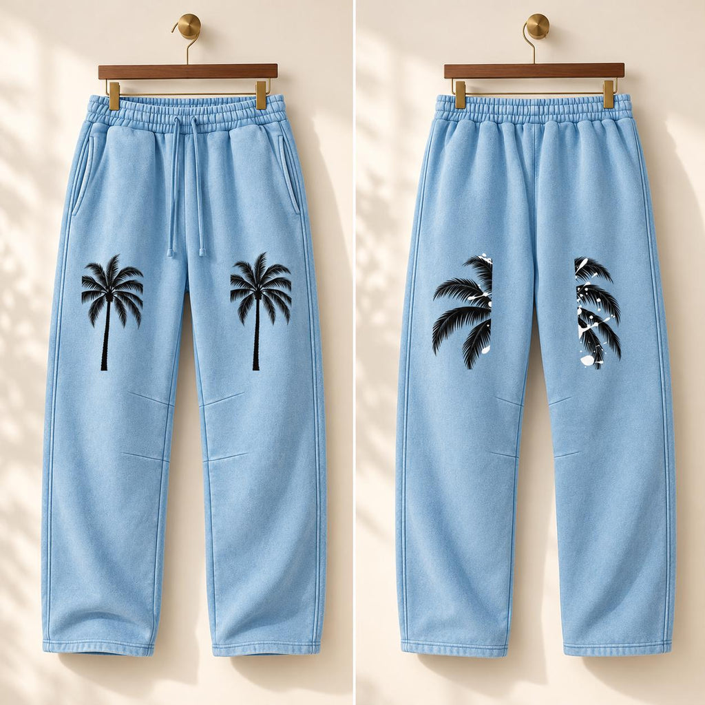Men's Light Blue Palm Tree Sweatpants, Relaxed Straight Leg, Drawstring Waist