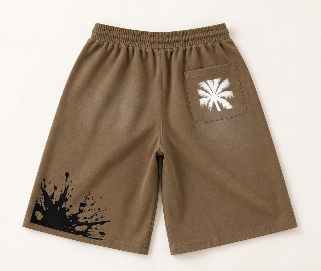 Men's Brown Palm Tree Sweat Shorts, Wide Leg, Paint Splatter Graphic (Cotton Blend)