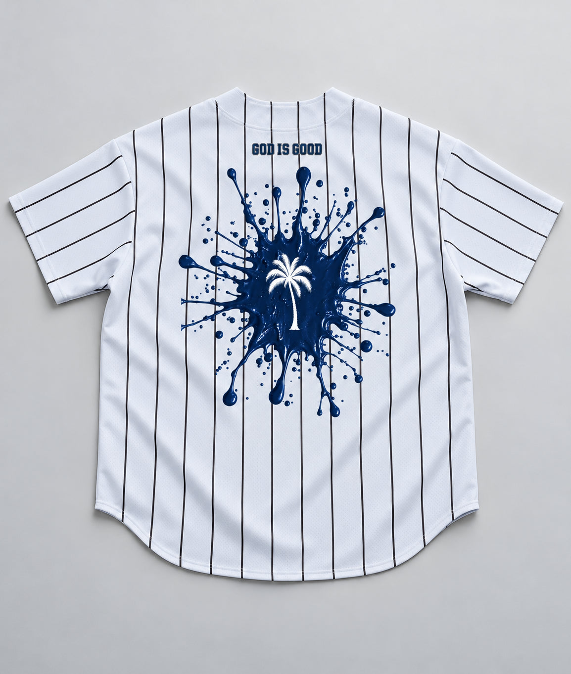 God Is Good Navy Palm & Paint Splatter Pinstripe Baseball Jersey