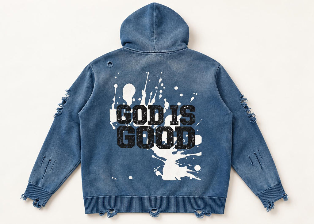 Distressed Blue Knit Zip Hoodie, Palm Tree Splatter Graphics, Christian Streetwear