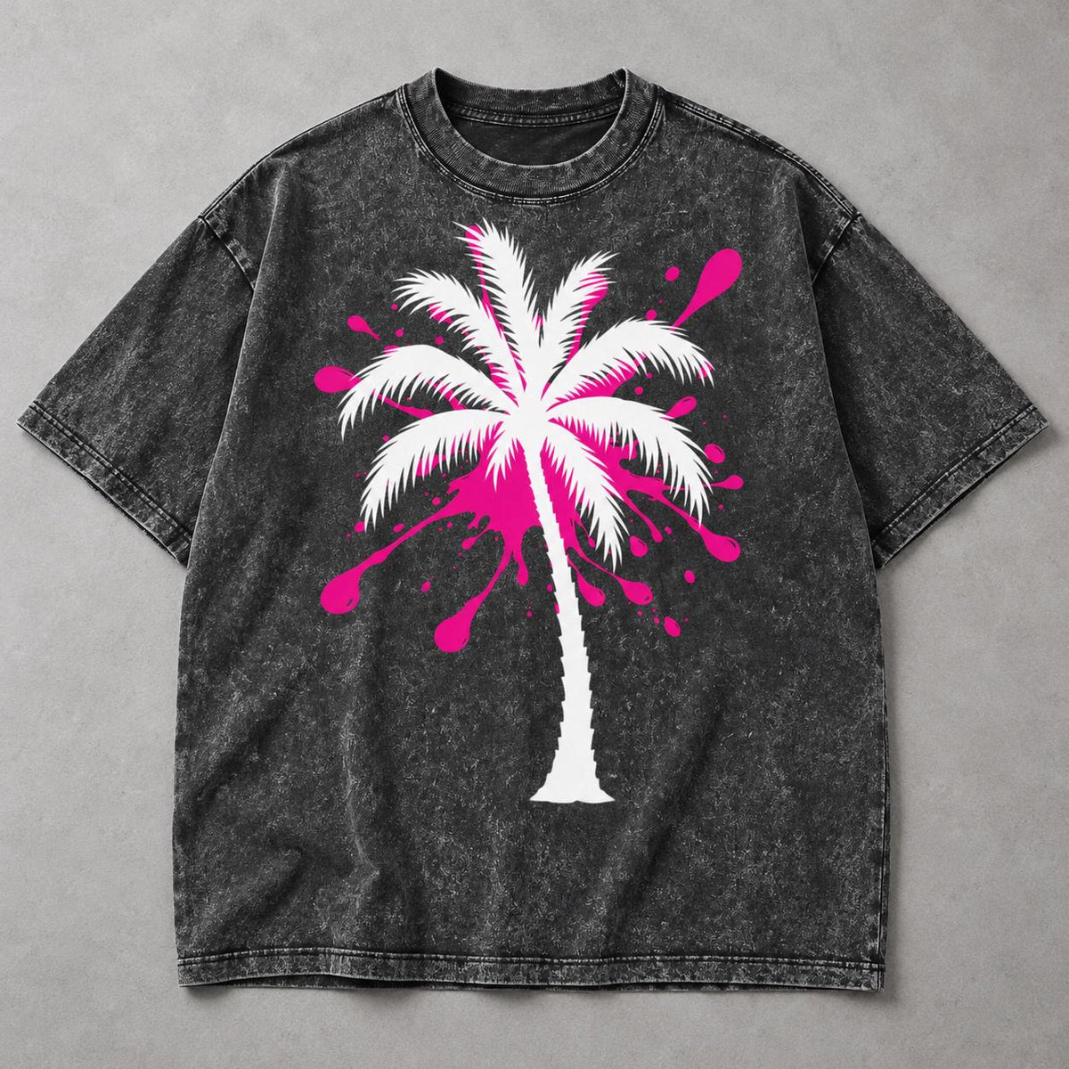 Oversized Washed Charcoal Palm Tree Tee, Pink Splatter, God Is Good (Graphic T-Shirt)