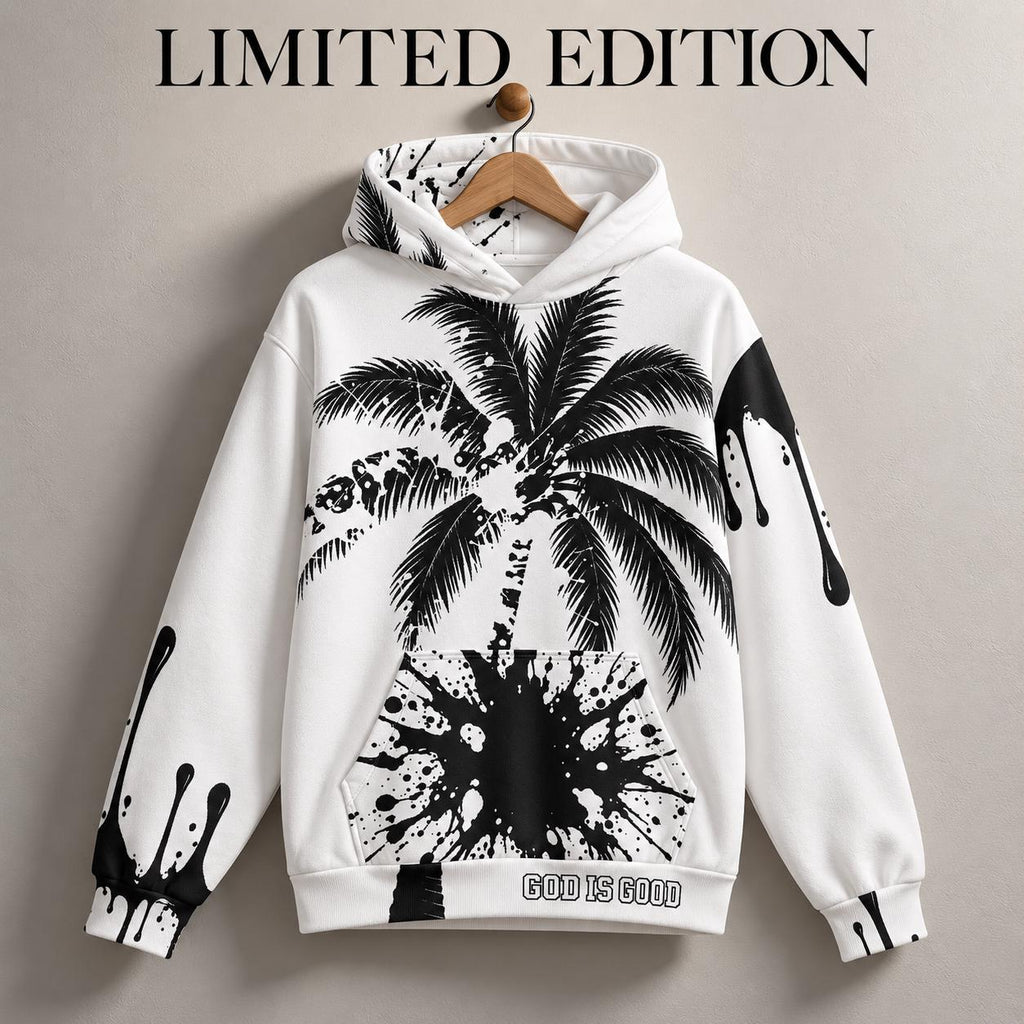 Limited Edition White Palm Tree Hoodie with Black Paint Splatter Drip Print, God Is Good Message