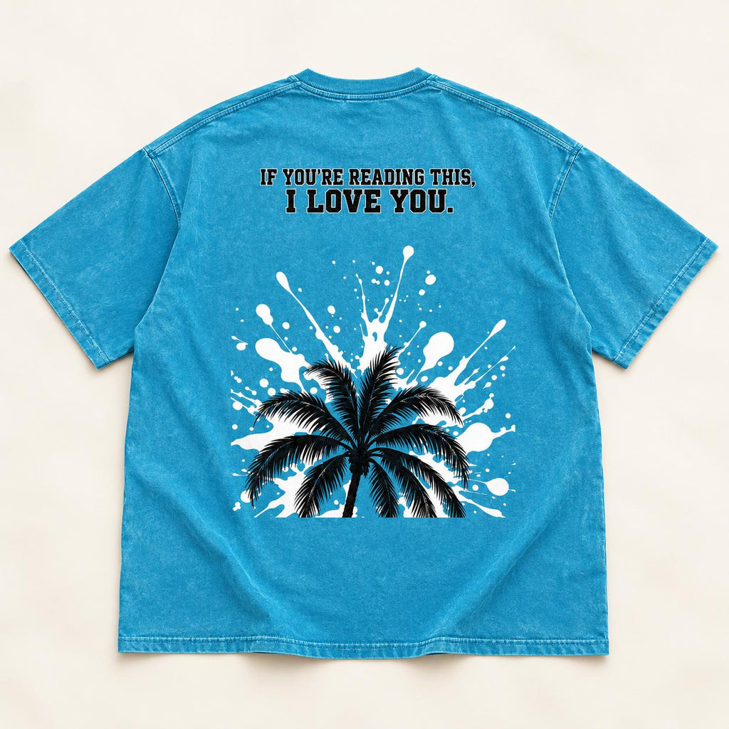 Turquoise Oversized Palm Tree T-Shirt, Snow Washed Cotton, Black White Splatter Print (Unisex)