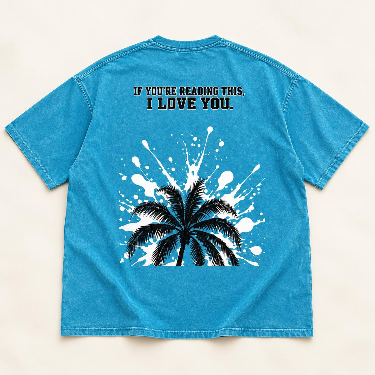Turquoise Oversized Palm Tree T-Shirt, Snow Washed Cotton, Black White Splatter Print (Unisex)
