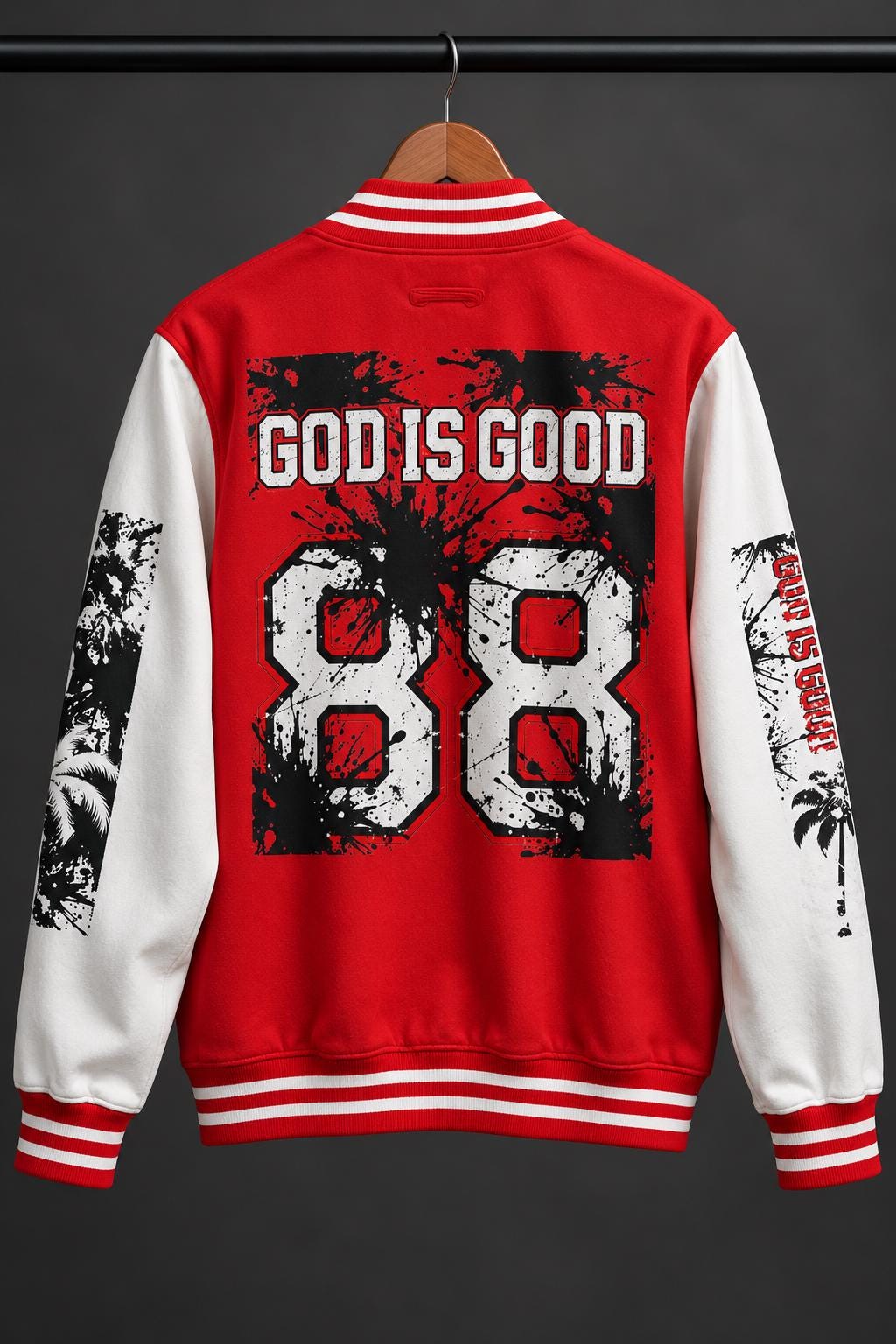 Limited Edition Red Varsity Jacket – God Is Good 88 Palm Tree Graphic (Only 50 Made)