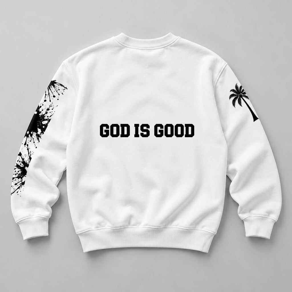 God Is Good Palm Tree Sweatshirt, Paint Splatter Sleeves, Christian Streetwear