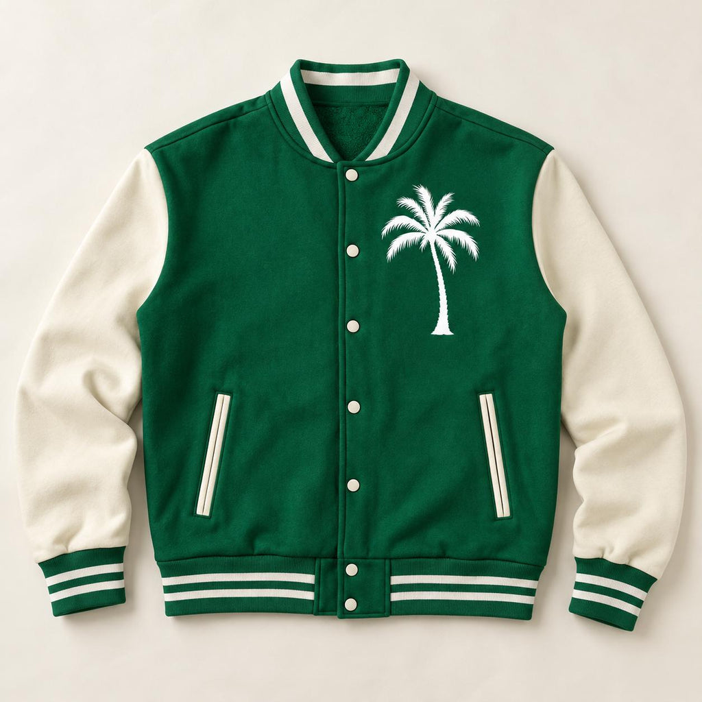 God Is Good Varsity Jacket, Green and Cream Palm Tree Letterman Jacket, Christian Streetwear