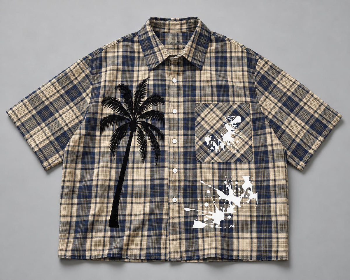 Navy Cream Plaid Button-Up Shirt, Palm Tree Graphic, Oversized Streetwear