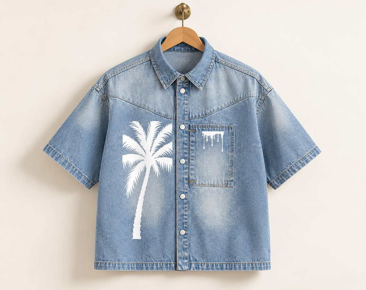 Washed Blue Denim Shirt, Palm Tree Paint Splatter Graphics, Snap Front