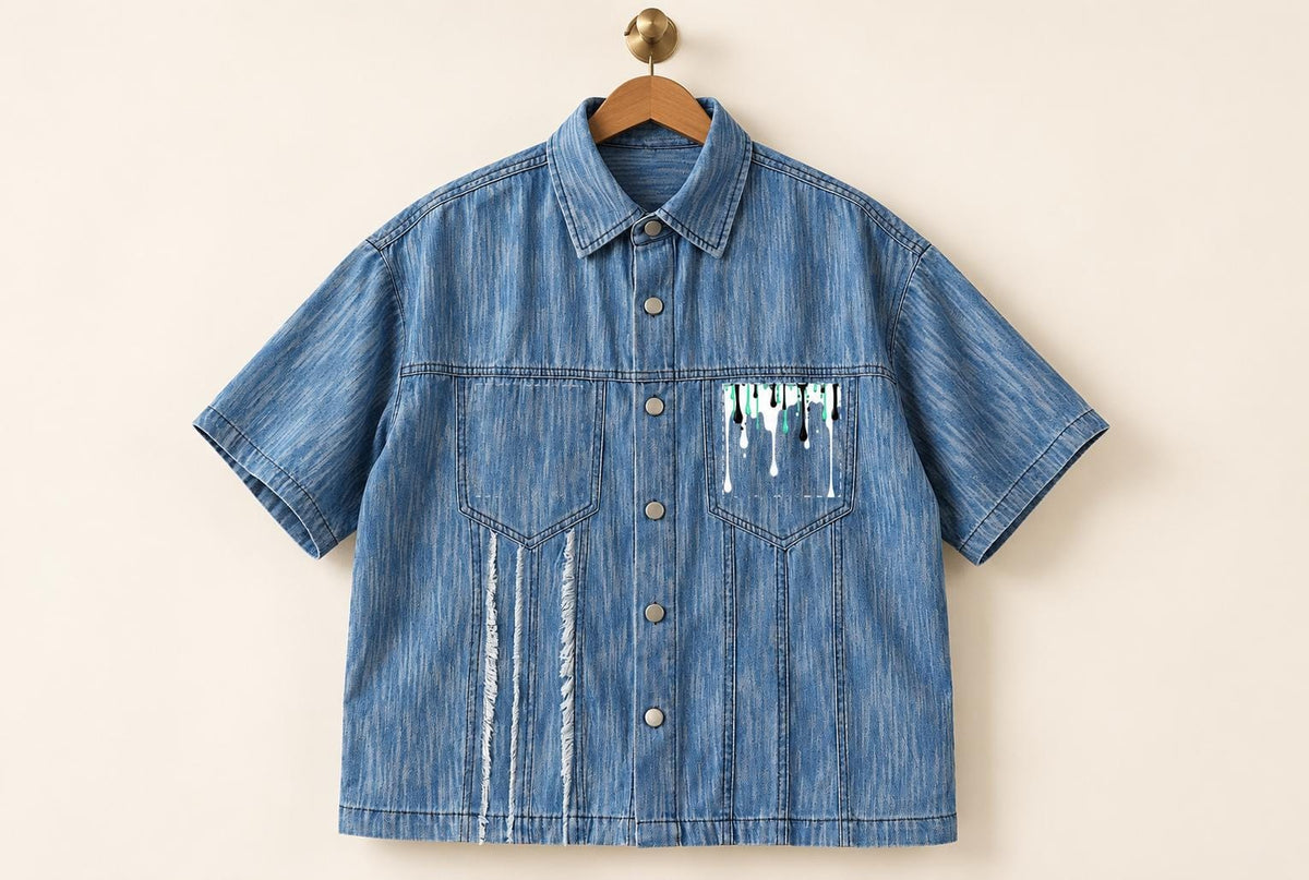 Limited Edition Denim Shirt, Palm Tree Paint Splatter, Distressed Blue (20 Available)