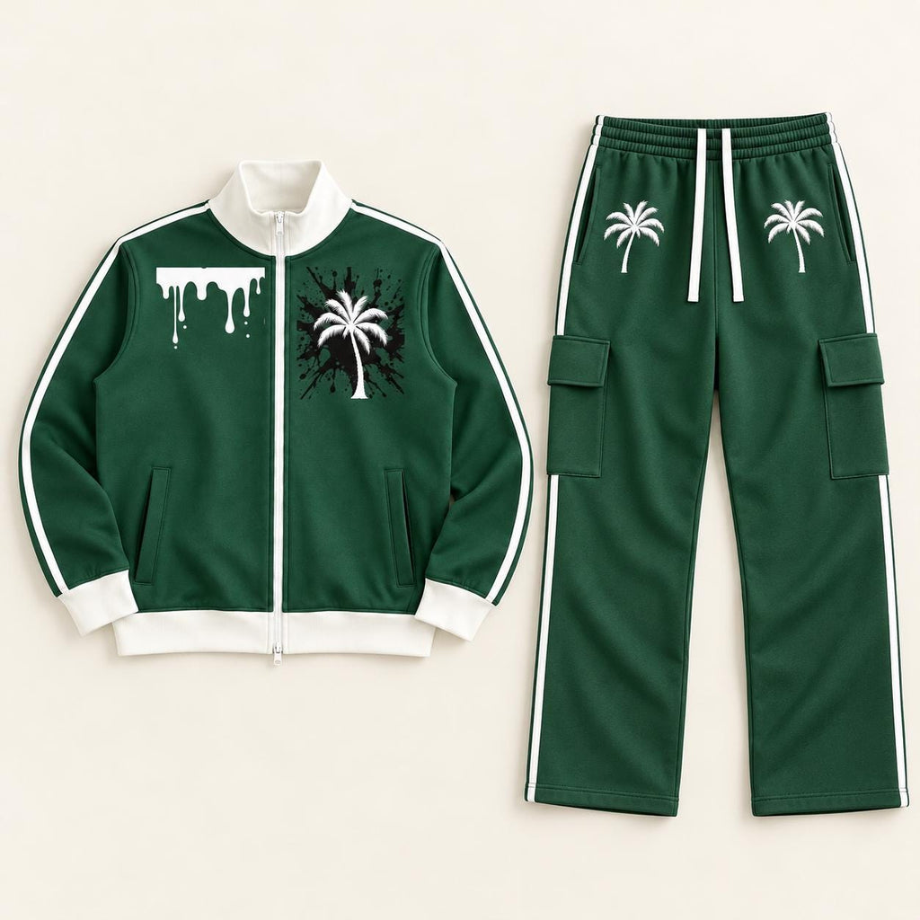 Limited Edition Forest Green Track Jacket, Palm Tree Paint Splatter Art (20 Available)