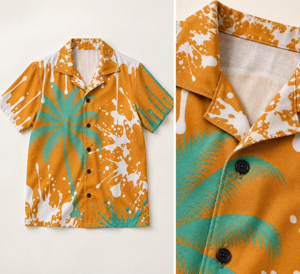 Limited Edition Palm Tree Shirt, Orange Mint Paint Splatter Camp Collar (20 Per Size)