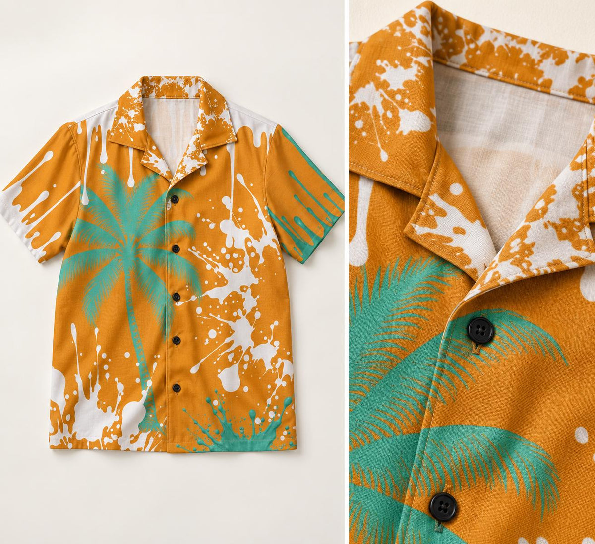 Limited Edition Palm Tree Shirt, Orange Mint Paint Splatter Camp Collar (20 Per Size)
