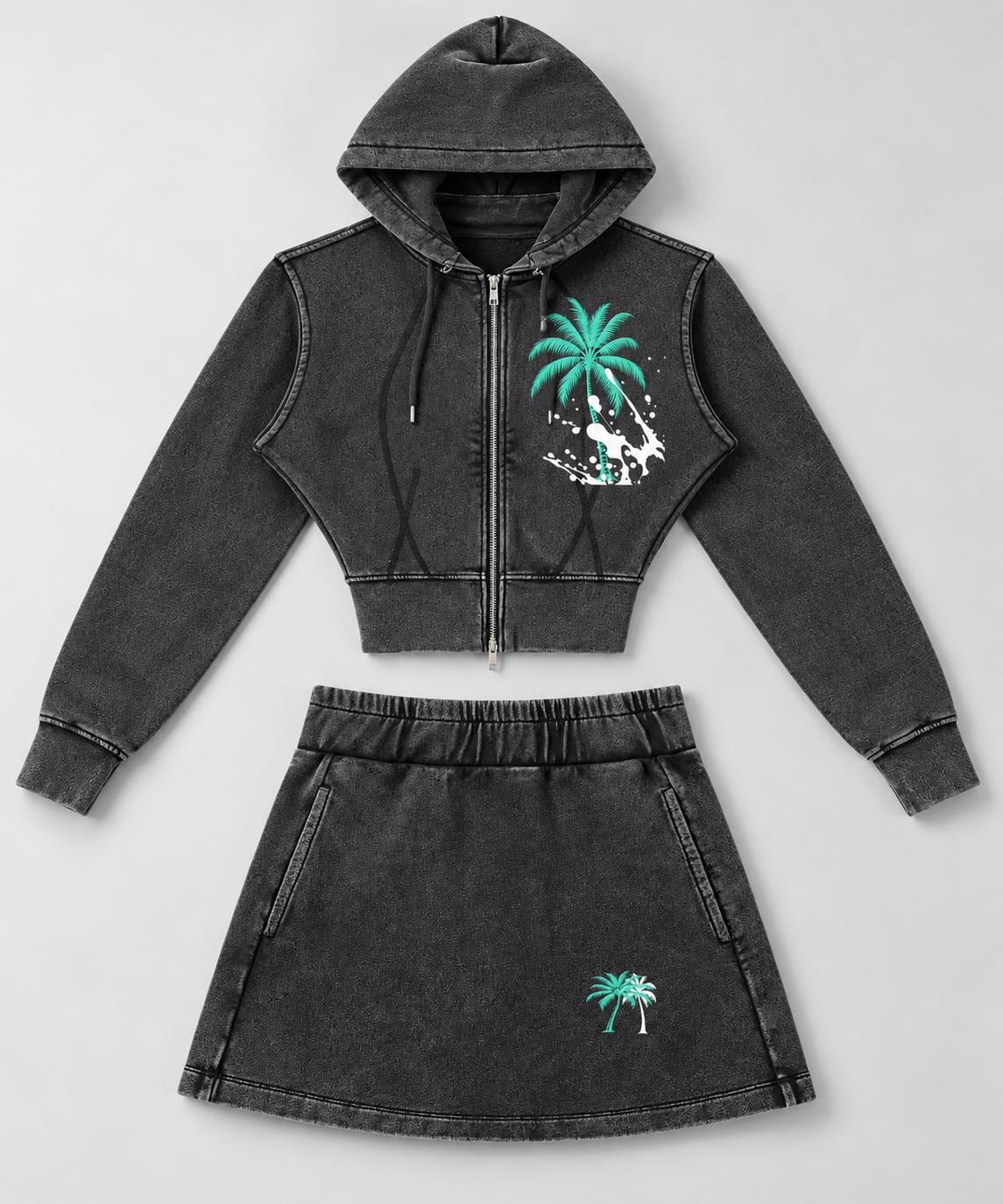 Washed Charcoal Cropped Hoodie, Palm Tree Paint Splash, Faith Streetwear