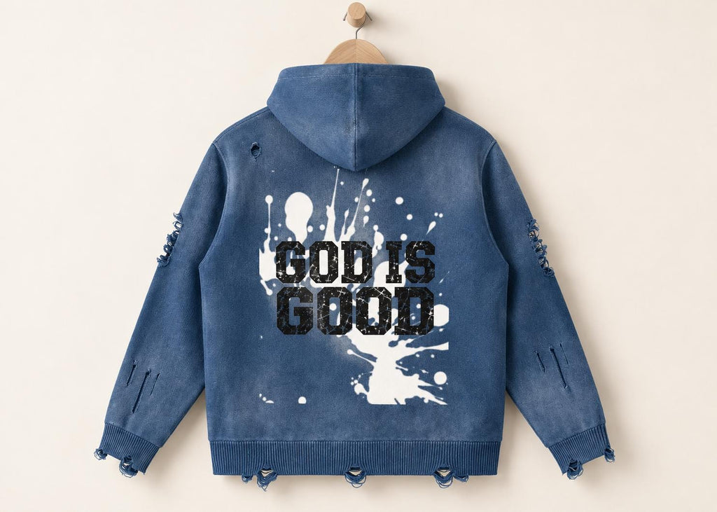 Distressed Blue Knit Zip Hoodie, Palm Tree Splatter Graphics, Christian Streetwear
