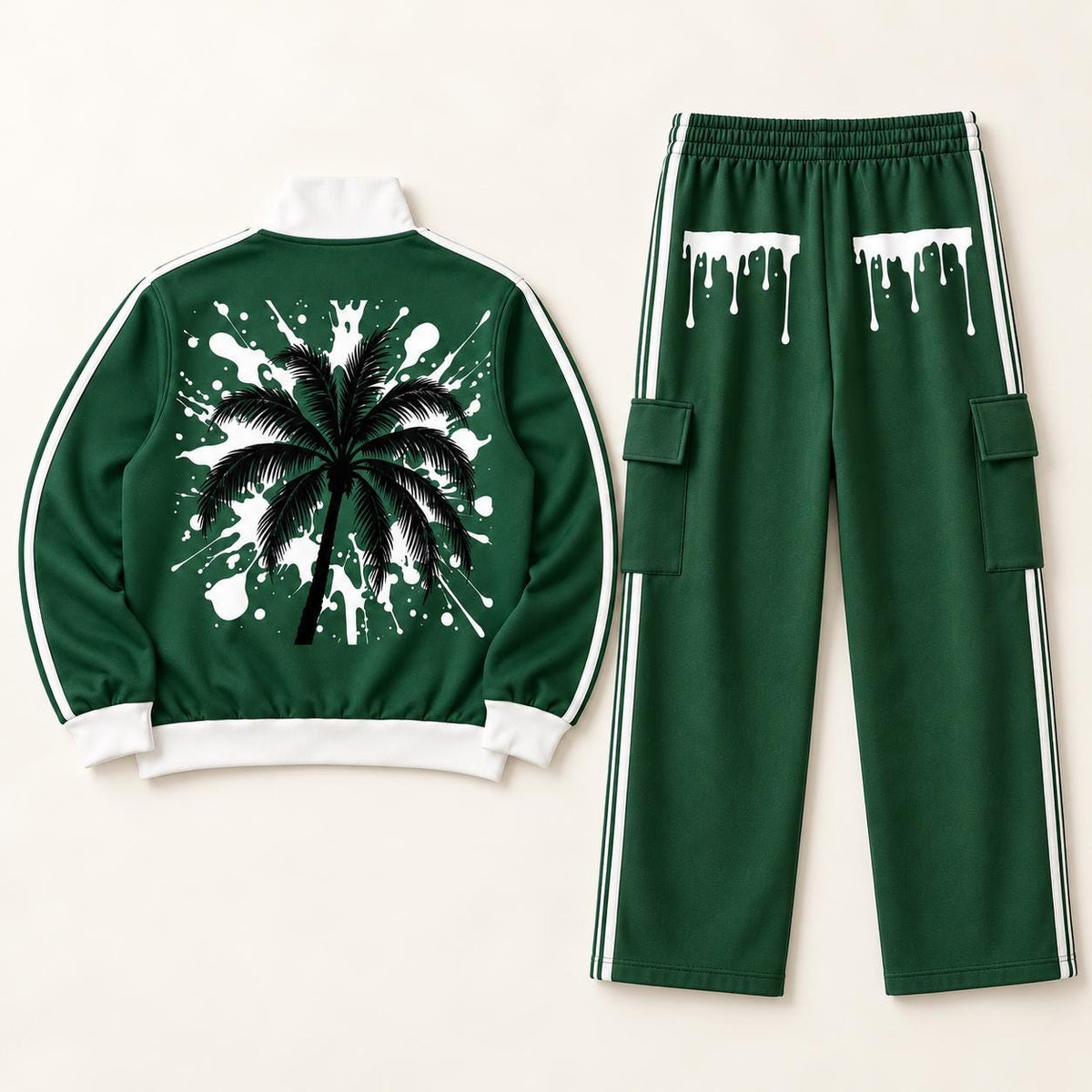 Limited Edition Forest Green Track Jacket, Palm Tree Paint Splatter Art (20 Available)