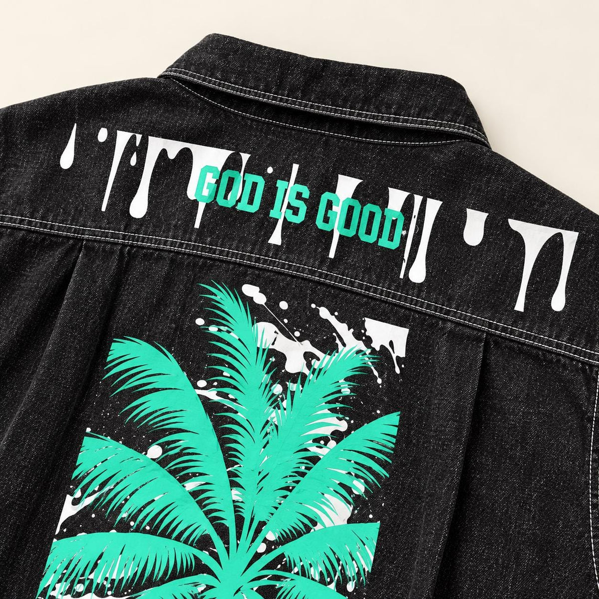 Washed Black Denim Shirt, Palm Tree & Paint Splatter Graphics, Men's Long Sleeve Button-Up