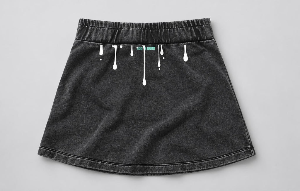 Washed Charcoal Mini Skirt with Teal and White Palm Tree Graphic, A-Line Streetwear Skirt