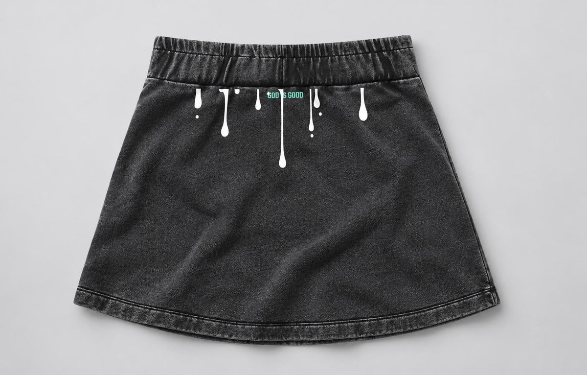 Washed Charcoal Mini Skirt with Teal and White Palm Tree Graphic, A-Line Streetwear Skirt