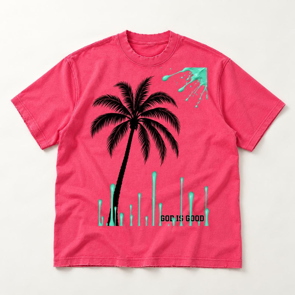 Pink Oversized Palm Tree Tee, Mint Green Drip Graphics, Limited Edition
