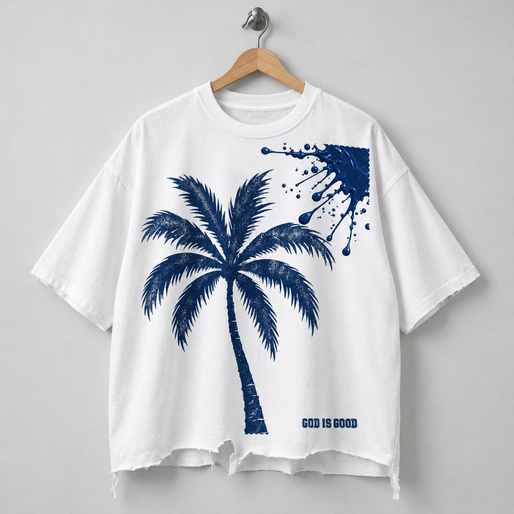 Navy Palm White Tee