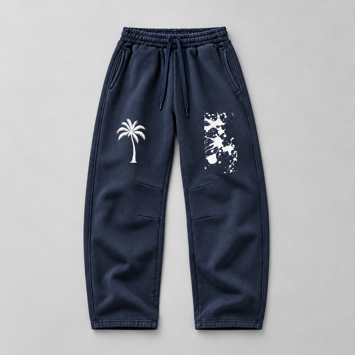 Navy Blue Palm Tree & Paint Splatter Relaxed Sweatpants