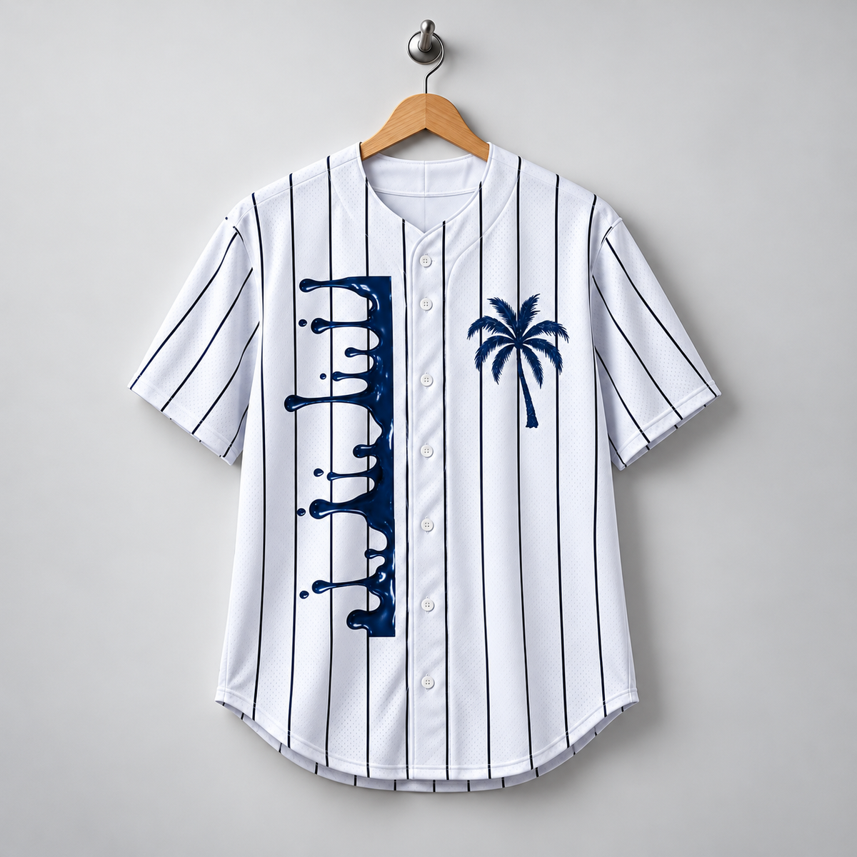 God Is Good Navy Palm & Paint Splatter Pinstripe Baseball Jersey