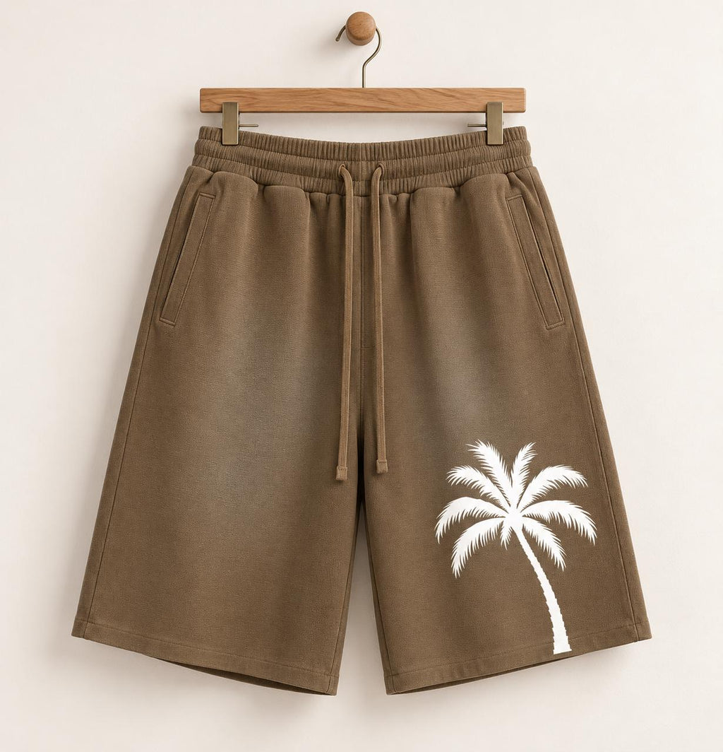 Men's Brown Palm Tree Sweat Shorts, Wide Leg, Paint Splatter Graphic (Cotton Blend)