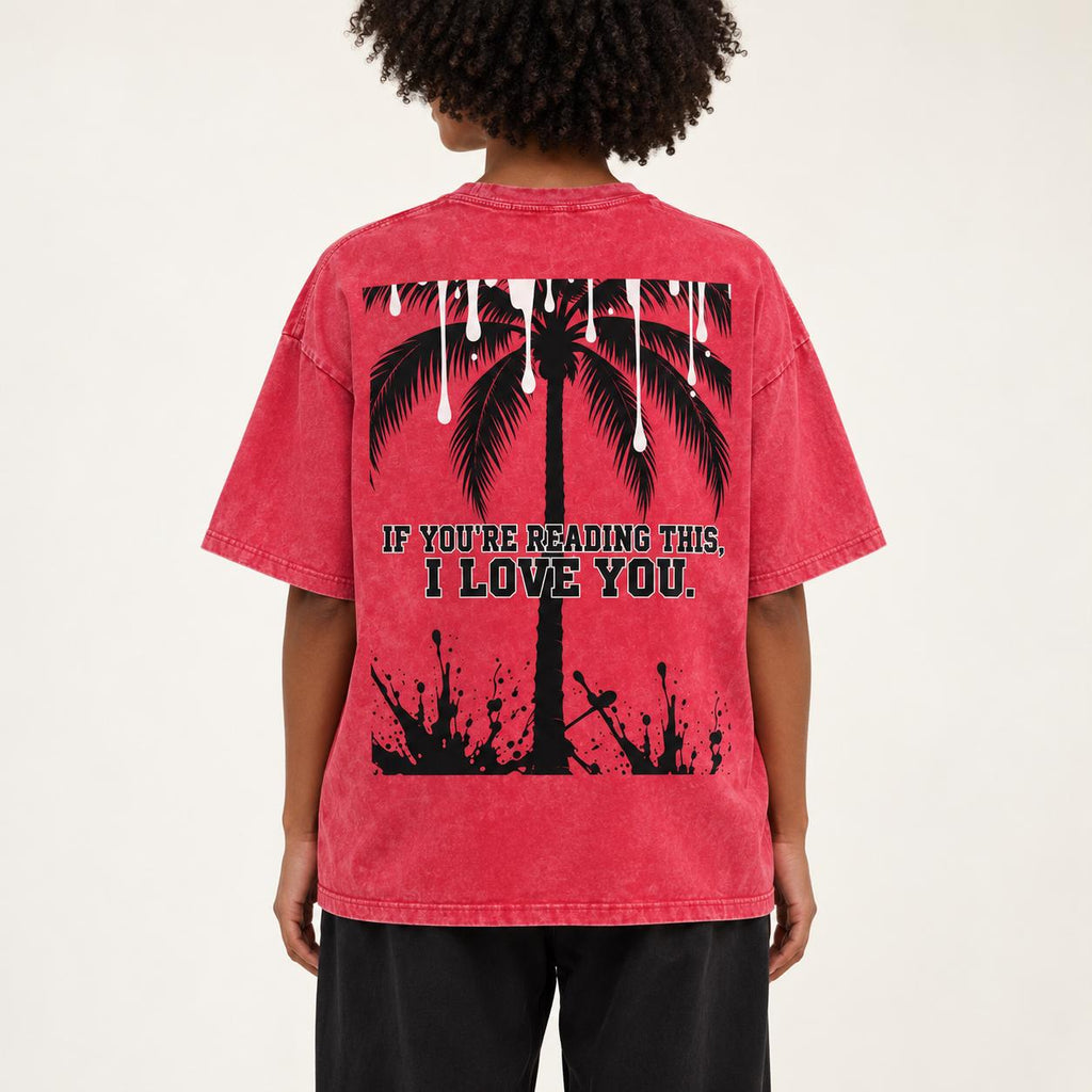 Washed Red Oversized T-Shirt, Palm Tree Graphic, Christian Streetwear (100% Cotton)