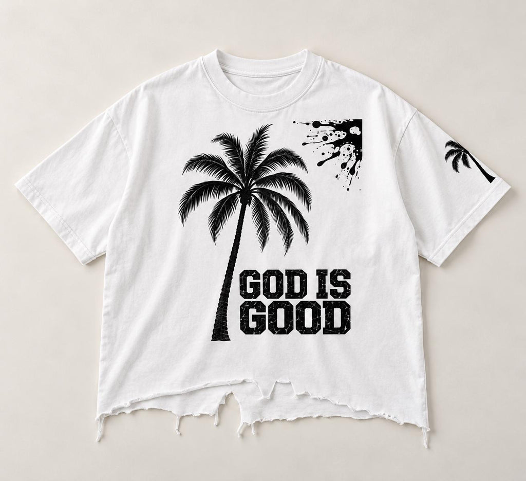 Oversized White T-Shirt, Black Palm Tree, Distressed Hem, Christian Streetwear