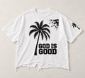 Oversized White T-Shirt, Black Palm Tree, Distressed Hem, Christian Streetwear