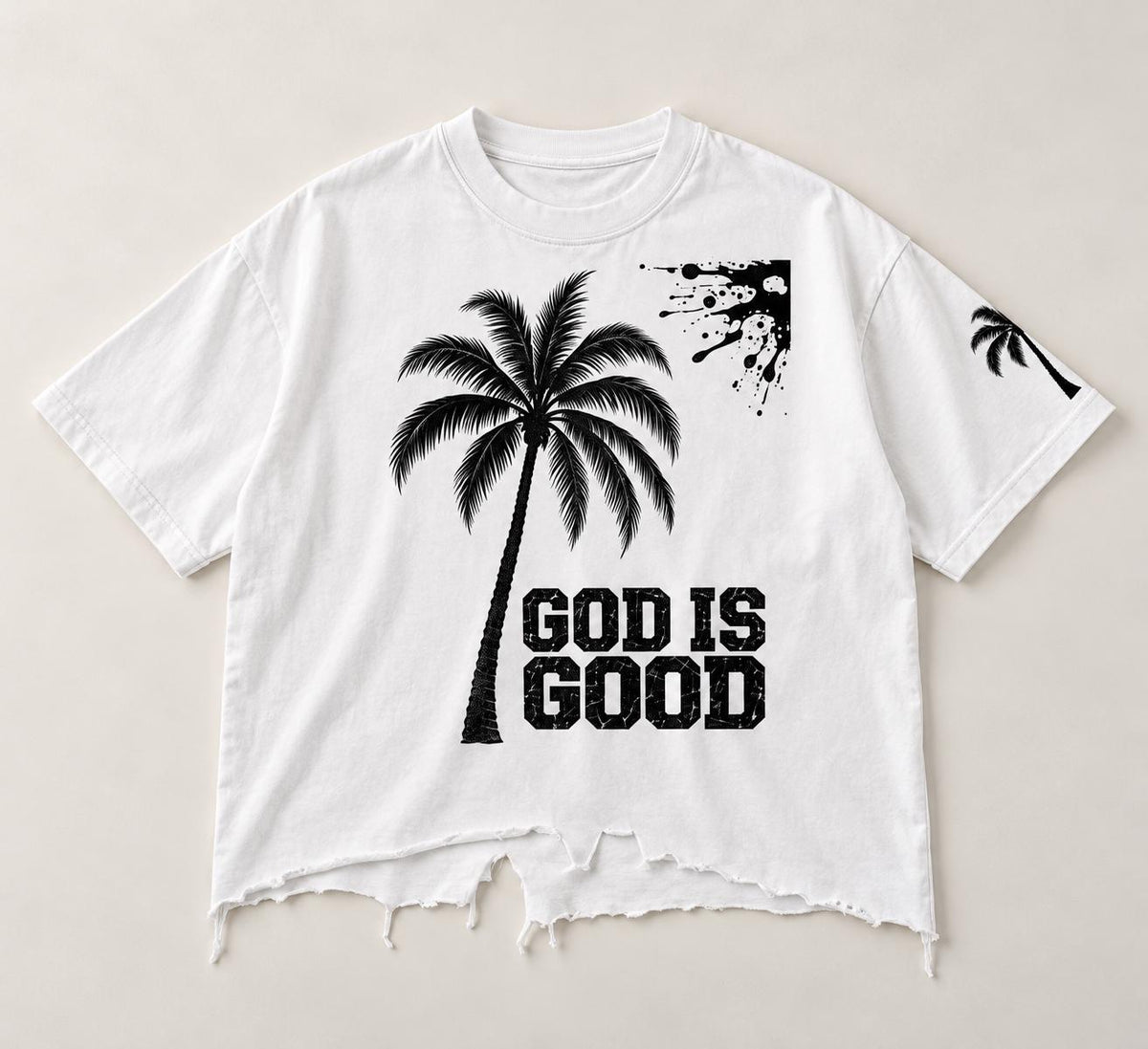 Oversized White T-Shirt, Black Palm Tree, Distressed Hem, Christian Streetwear
