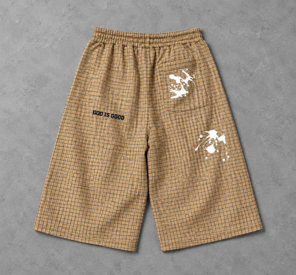 Tan Plaid Palm Tree Shorts, Paint Splash Graphics, Drawstring Bermuda Shorts