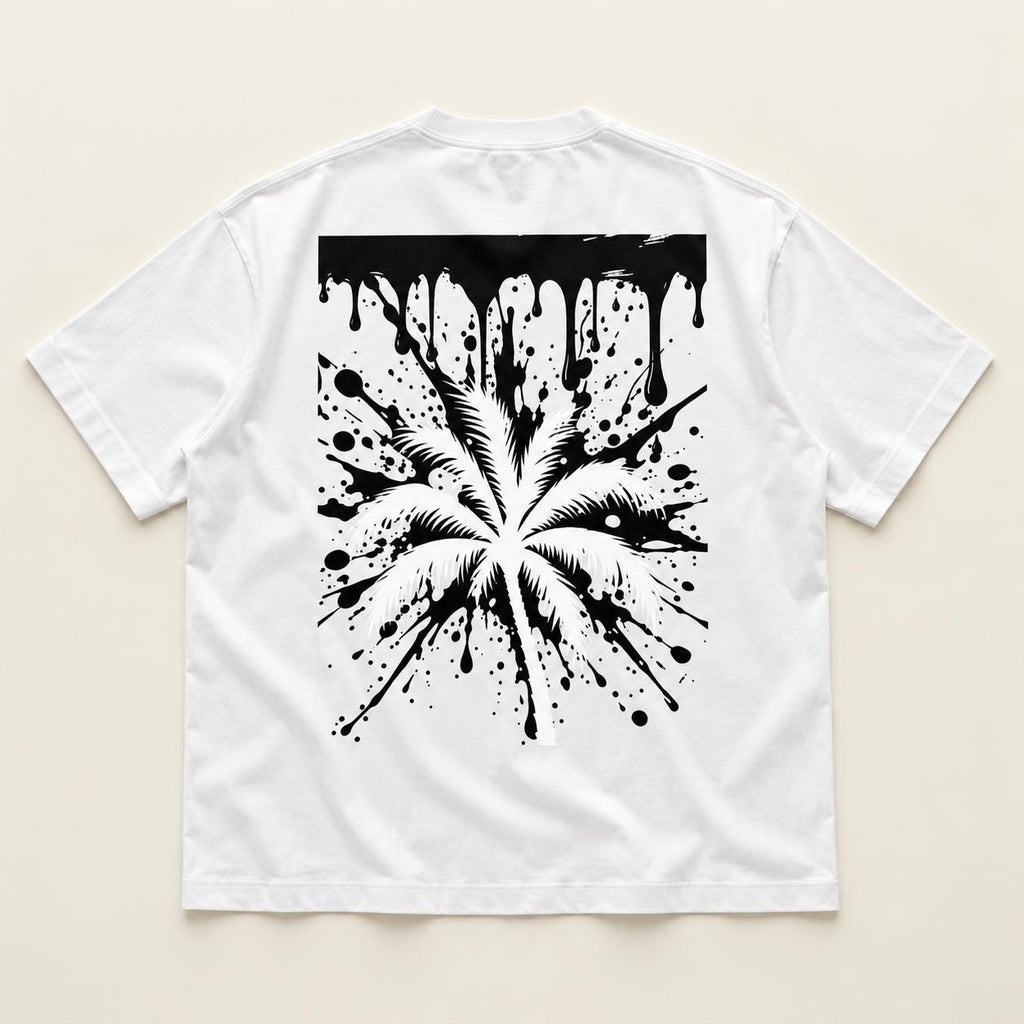 Oversized White Palm Tree T-Shirt, Black Splatter Drip Back, Limited Edition