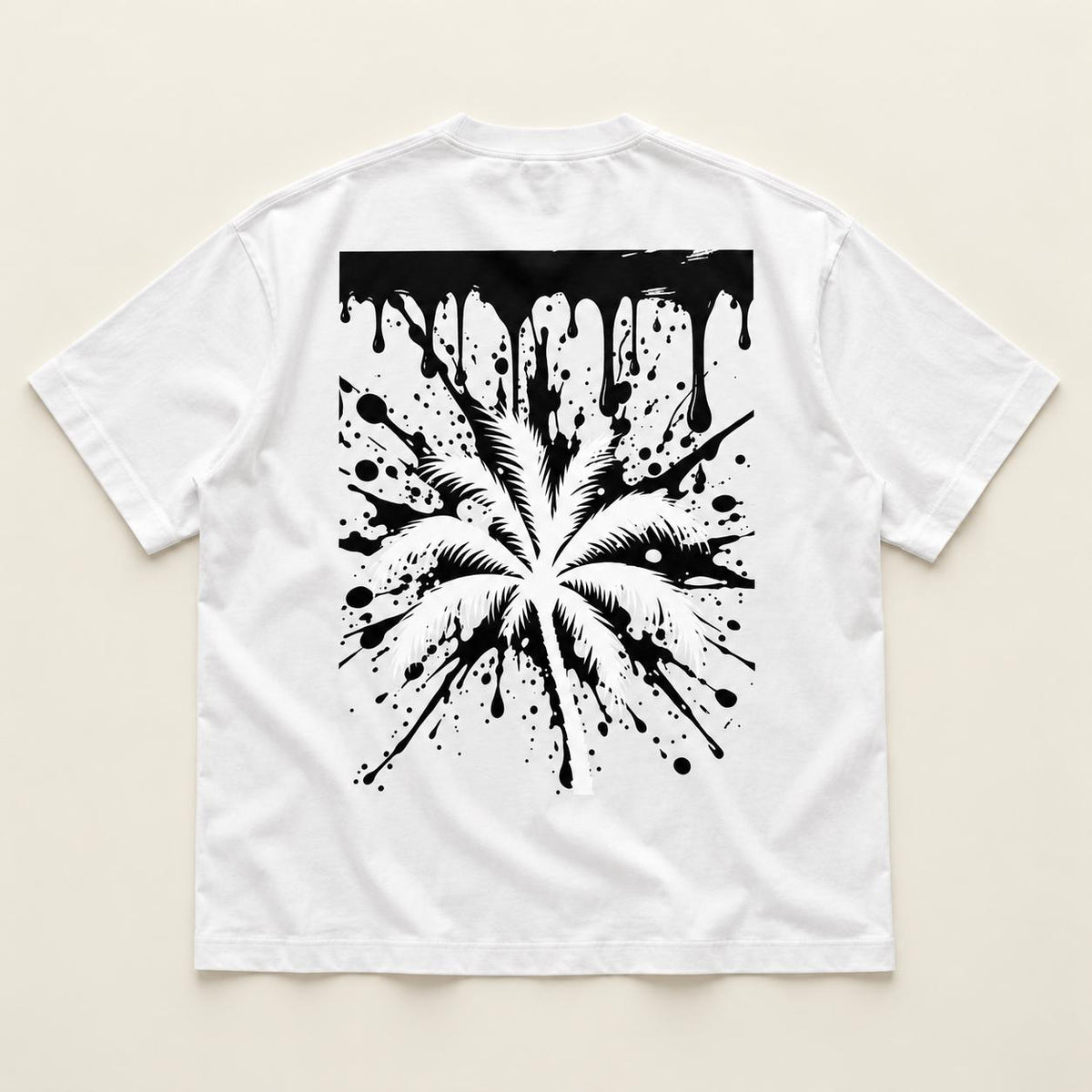 Oversized White Palm Tree T-Shirt, Black Splatter Drip Back, Limited Edition