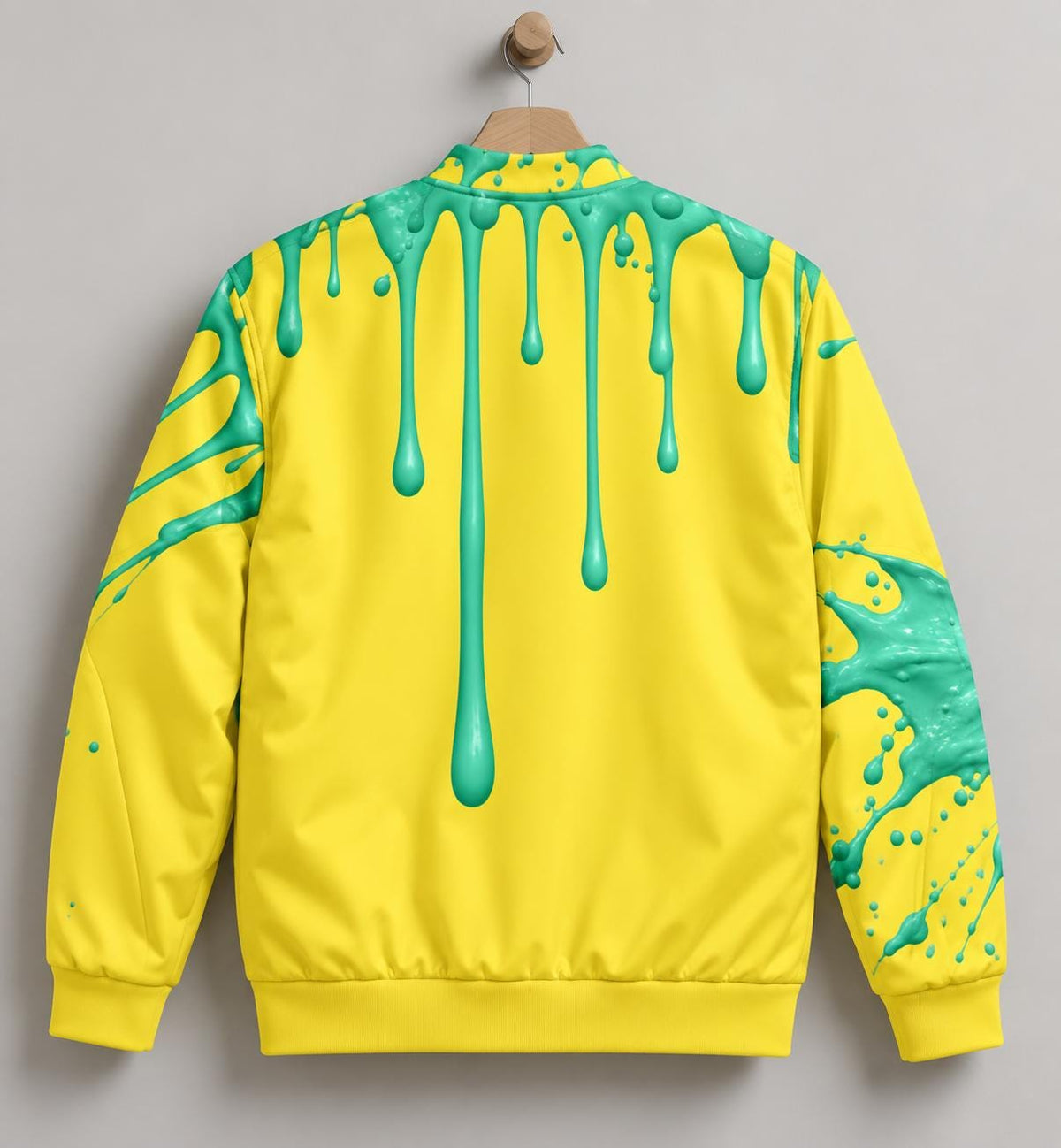 Limited Edition Yellow Bomber Jacket, Mint Green Paint Splatter Print, Zip Front Streetwear